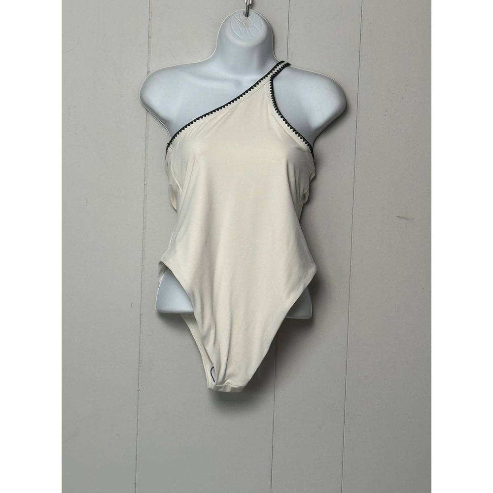 NWT Zara Women's Cream One Shoulder Swimsuit Black Trim Ruched Size Large